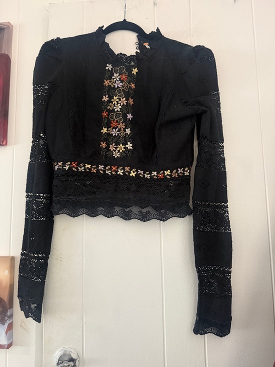 Free People Tops - Free People Black Embroidered Lace Long-Sleeve Blouse